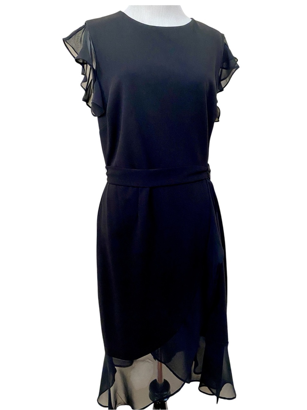 Shelby & Palmer Black Ruffle Sleeve Dress Faux Wrap Cap Sleeve Office Cocktail